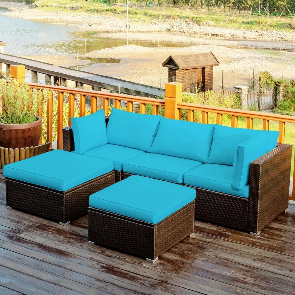 Tangkula 5PCS Cushioned Rattan Patio Conversation Set Outdoor Furniture Set w/ Ottoman