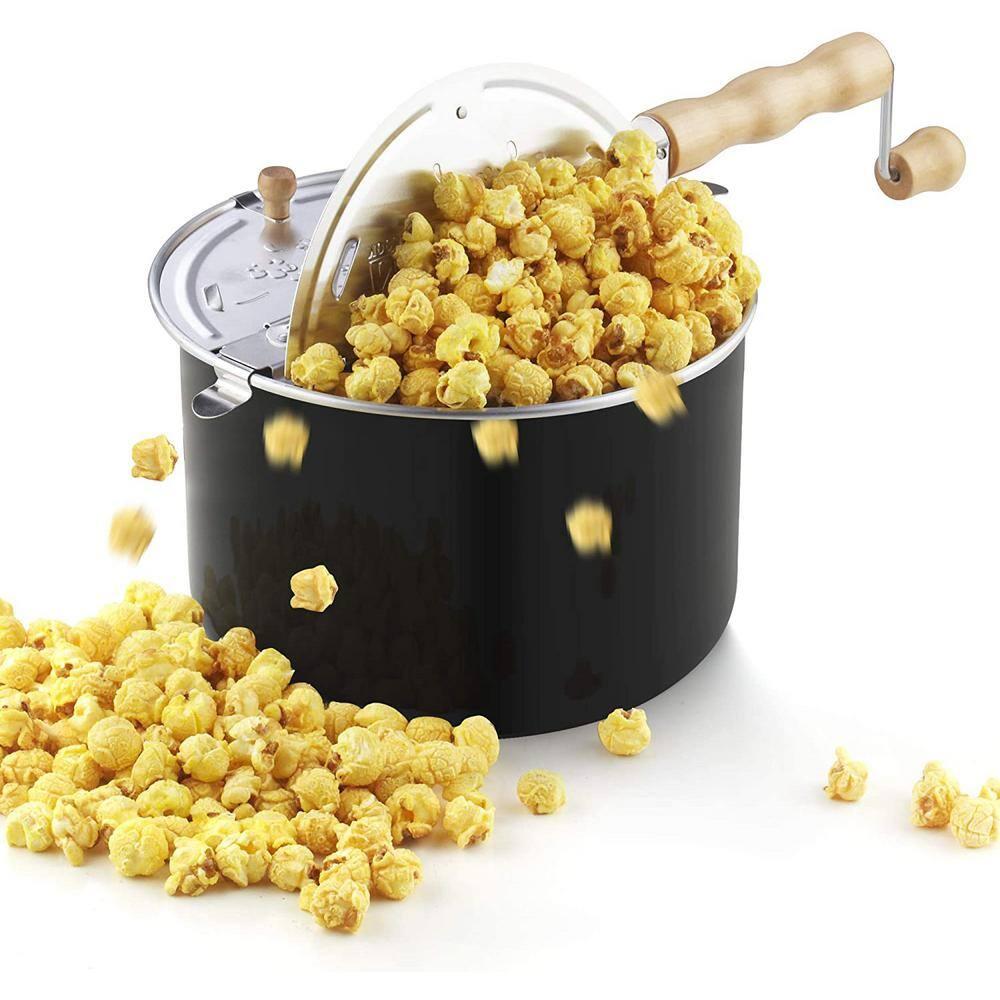 Cook N Home Stovetop Popcorn Popper with Crank, 6-Quart Aluminum Popcorn Pot Popcorn Maker, Black