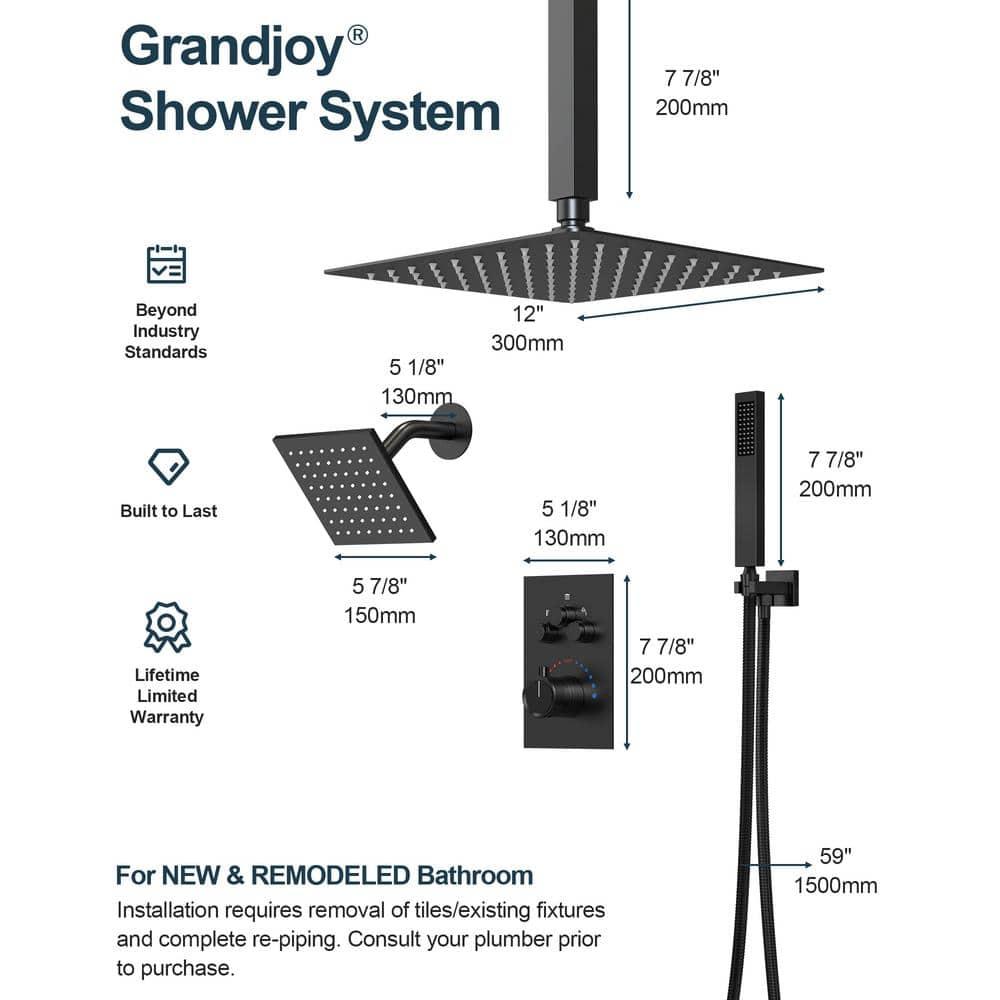 GRANDJOY Dual Wall Mount Rainfall Shower Head System Luxury Adjustable 12 inch & 6 inch Shower Faucet Set with Handheld Shower Spray Thermostatic Pressure Balance Value, Matte Black