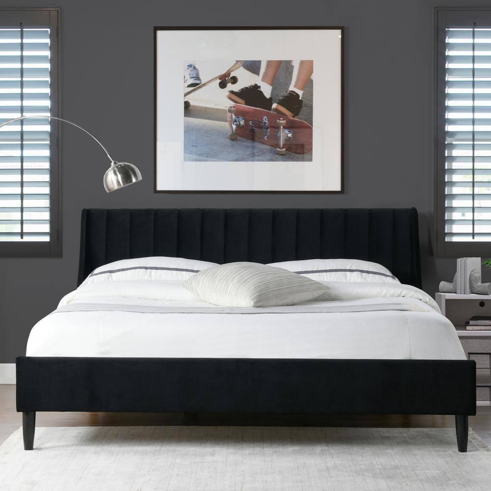 Aspen Vertical Tufted Headboard Platform Bed Set King Anthracite Black Velvet
