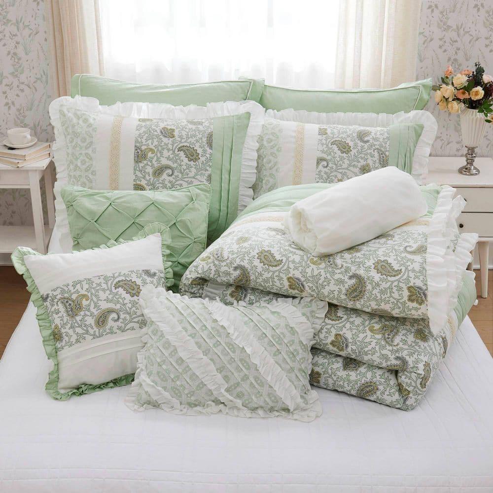 Sage Green Cotton King Reversible Comforter Set with Decorative Pillows