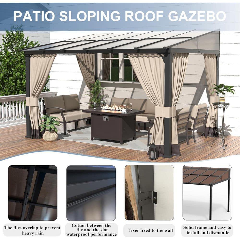 10 ft. x 12 ft. Brown Hardtop Wall Mounted Gazebo with Sloping Pitched Roof and Curtain Sand