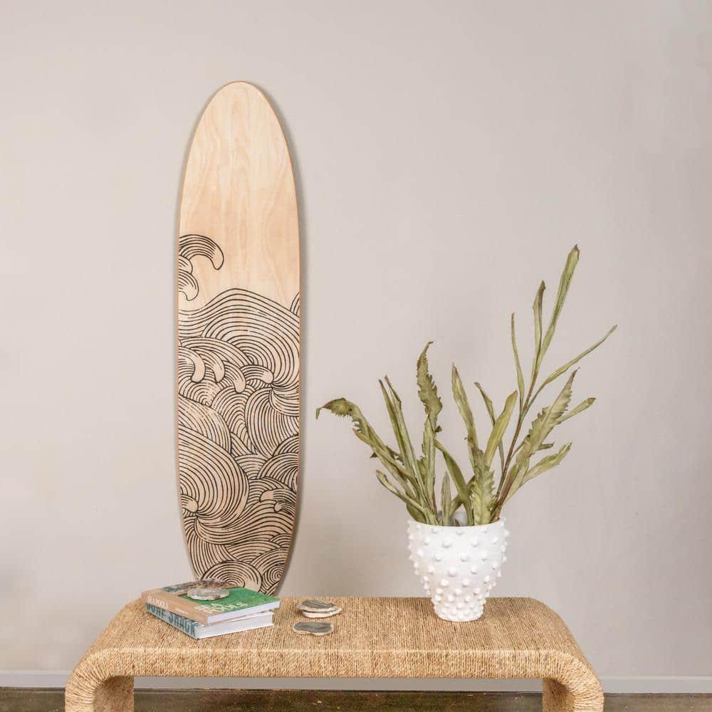 Storied Home Lacquered Wood Surfboard Wall Decor with Waves Hangs Vertical or Horizontal: Matte Finish, Abstract Pattern