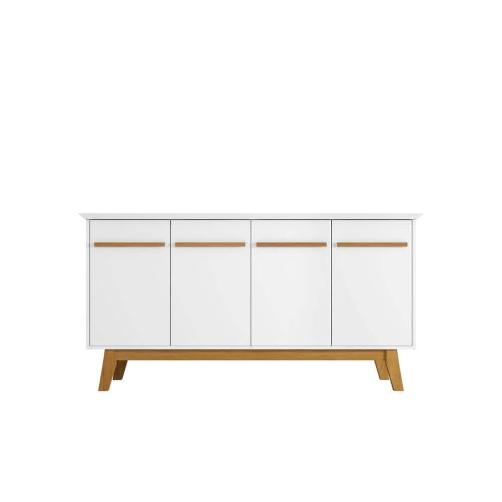 62.99" Yonkers Sideboard White - Manhattan Comfort: Mid-Century Buffet, Storage Console with 4 Doors & Fixed Shelves