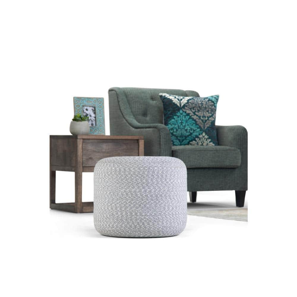 SIMPLIHOME Bayley Boho Round Braided Pouf in Blue, Natural Cotton for the Living Room, Bedroom and Kids Room