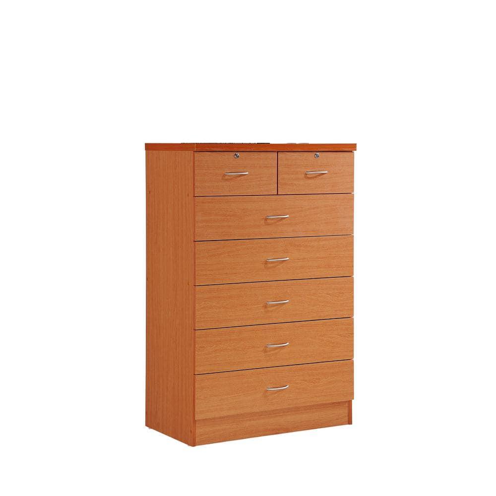 Hodedah 7 Drawer Wooden Jumbo Dresser Chest with 2 Top Locks, Cherry