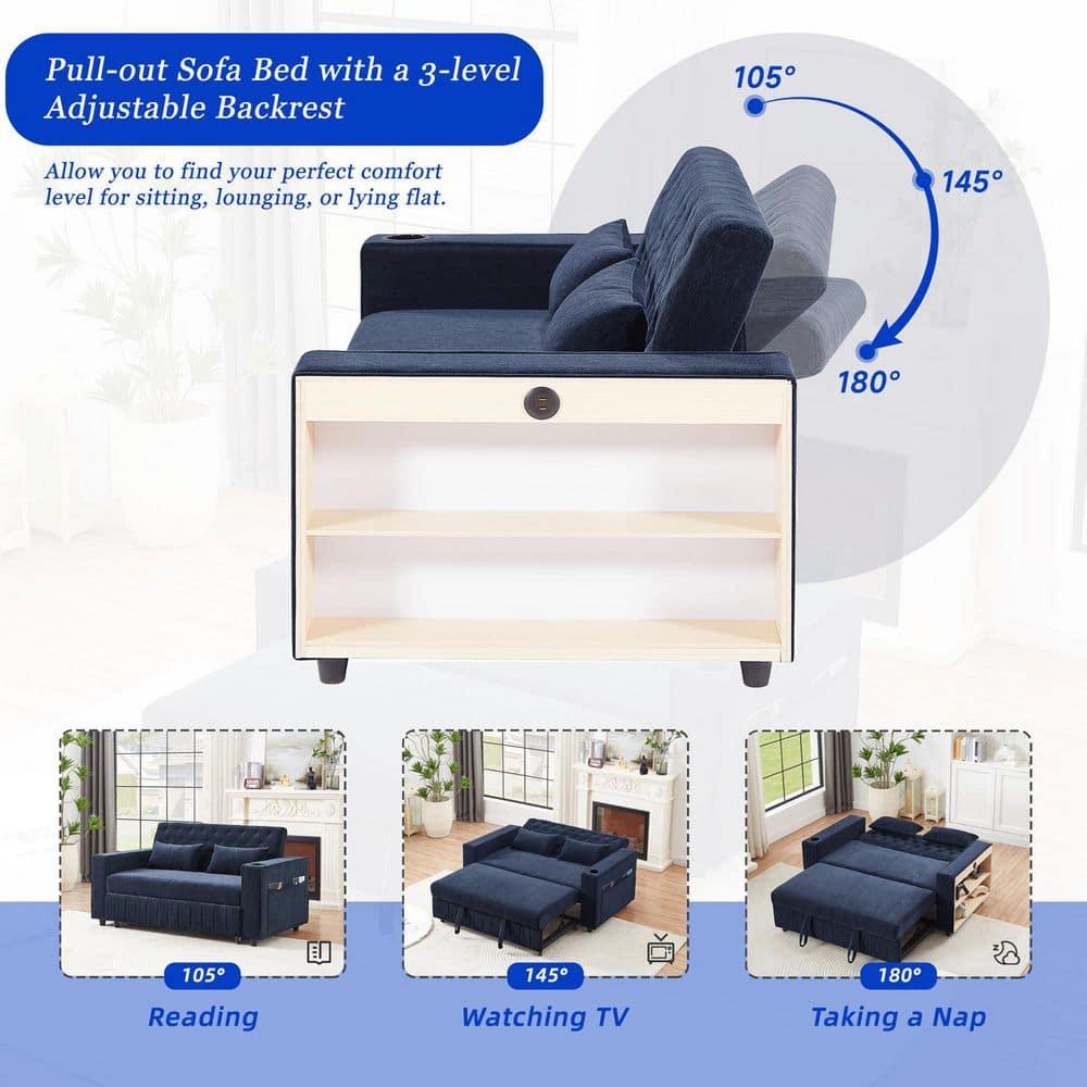 Blue Chenille Tufted Twin Sleeper Sofa with Cup Holder