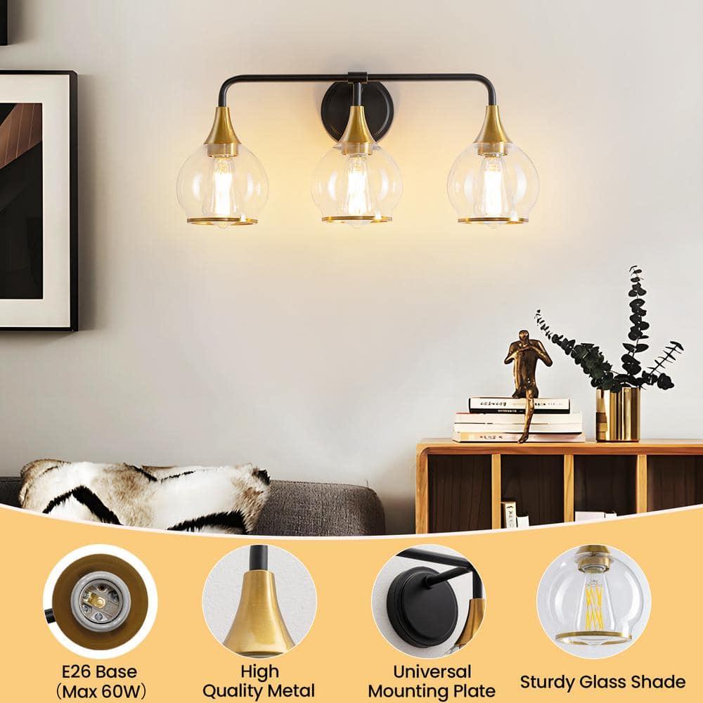 KAISITE 3-Light Black & Gold Dimmable Vanity Light with Clear Glass Shades