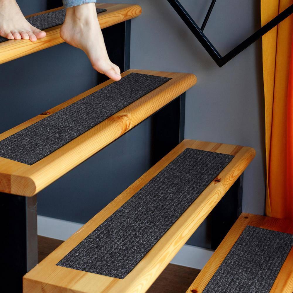 Ottomanson Non-Slip Rubberback Solid Design 8" x 30" Indoor/Outdoor Stair Treads, 7 Pack, Black