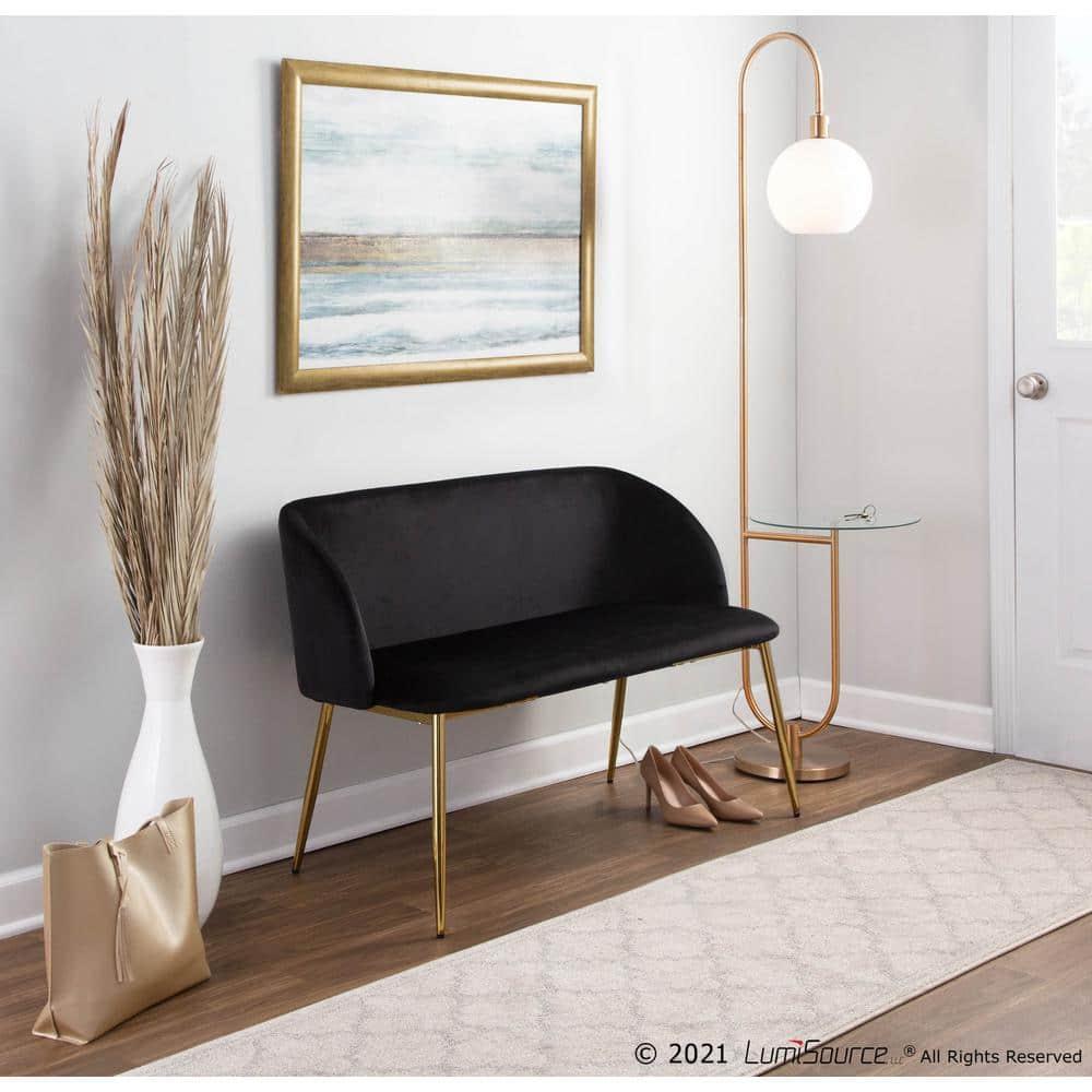 46" Fran Glam Bench Steel/Velvet Gold/Black - LumiSource: Upholstered Banquette with Padded Back