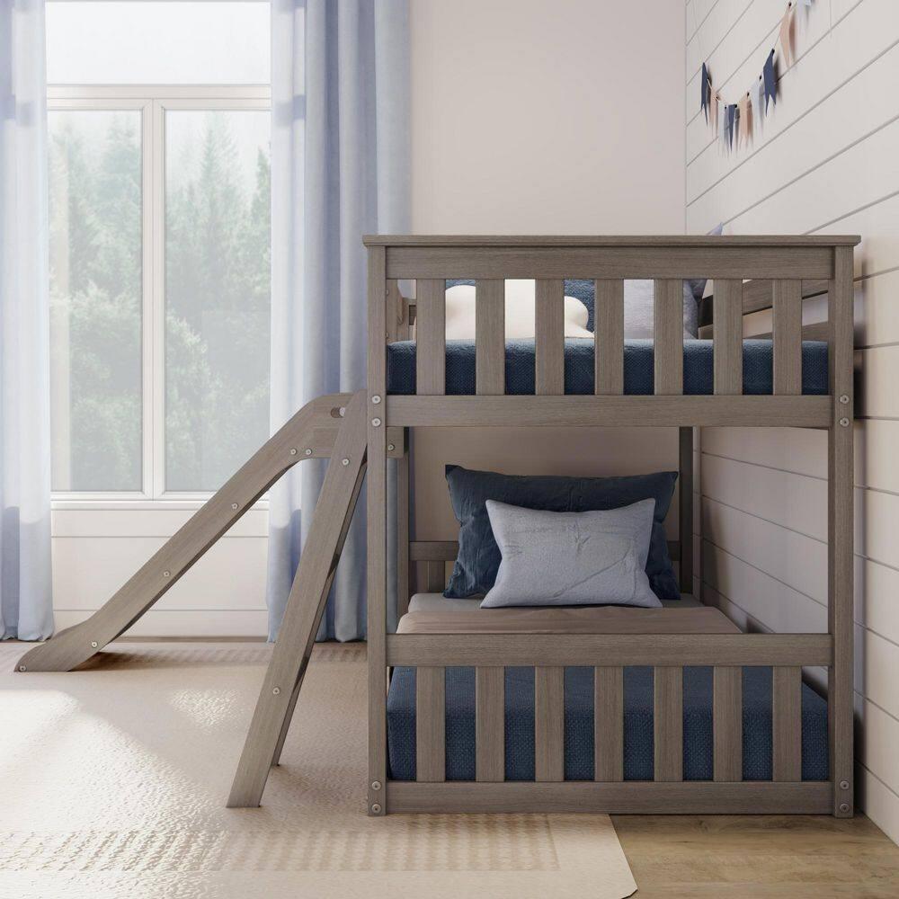 Max & Lily Twin Over Twin Low Bunk Bed with Slide, Solid Wood Kids Platform Bed with 14” Guardrails, Clay
