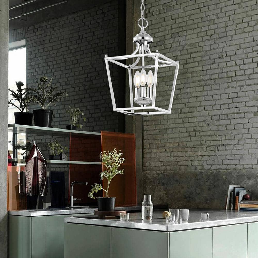 Camden 10" 3-Light Iron Classic Midcentury Pendant Lantern, Chrome
