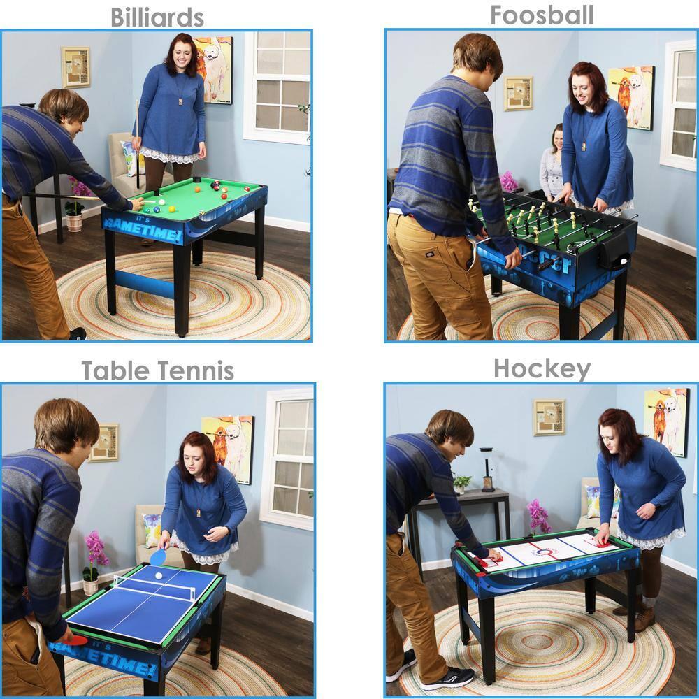 Sunnydaze Multi-Game Table with Billiards, Hockey, Foosball, Ping Pong, Shuffleboard, Chess, Cards, Checkers, Bowling, and Backgammon - Game Time Blue
