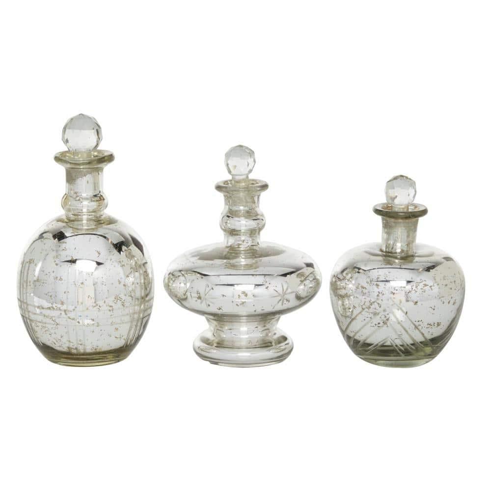 DecMode 8", 9", 7"H Silver Glass Decorative Jars with Crystal Stoppers, 3-Pieces