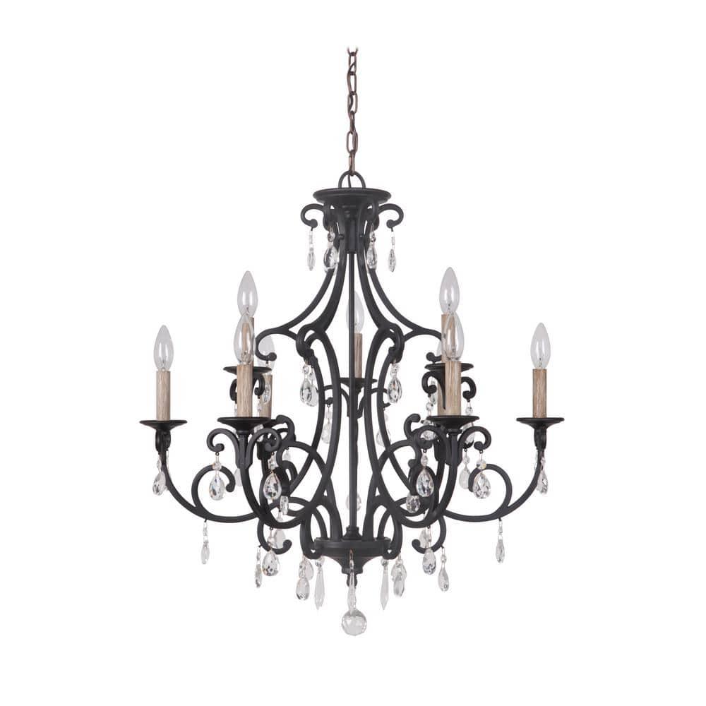 Matte Black 9-Light Wrought Iron Chandelier with Crystal Accents