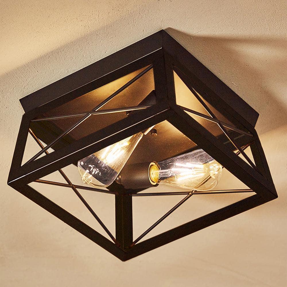 Progress Lighting, Briarwood, 2-Light Flush Mount, Textured Black, Faux-Painted Wood Enclosure