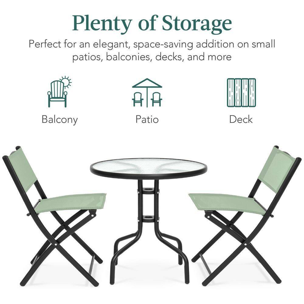 George Oliver 3-Piece Patio Bistro Dining Furniture Set W/ Glass Tabletop, Folding Chairs