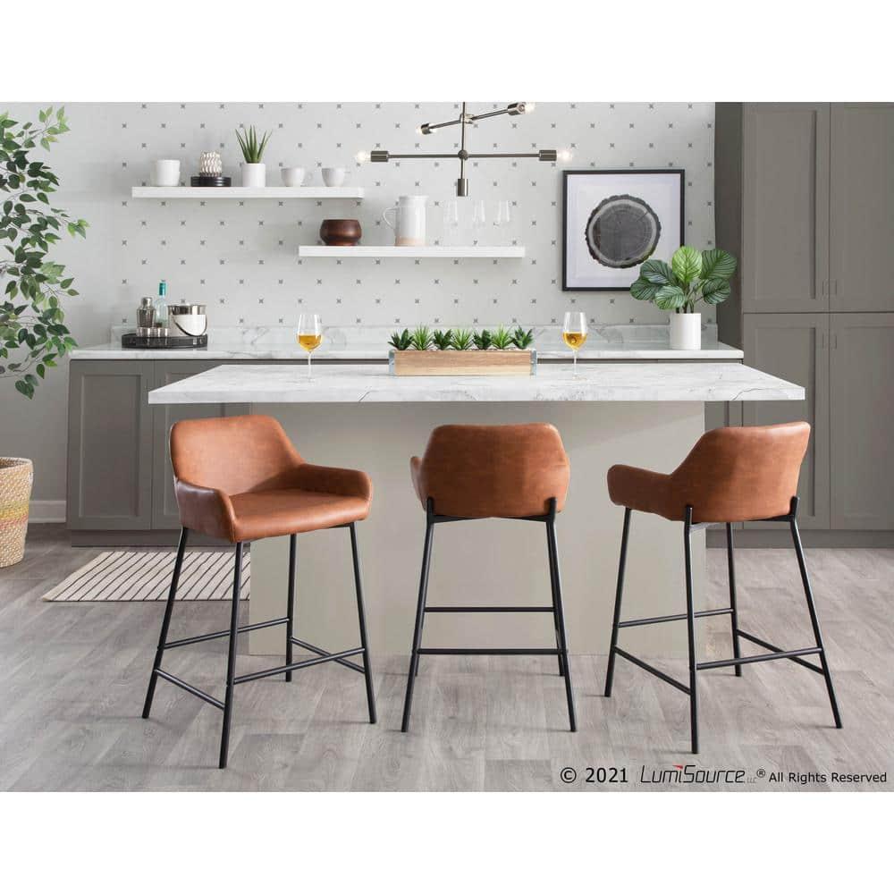 Set of 2 Daniella Metal/Faux Leather Counter Height Barstools Black/Camel - LumiSource: Padded, With Back, Fixed Height