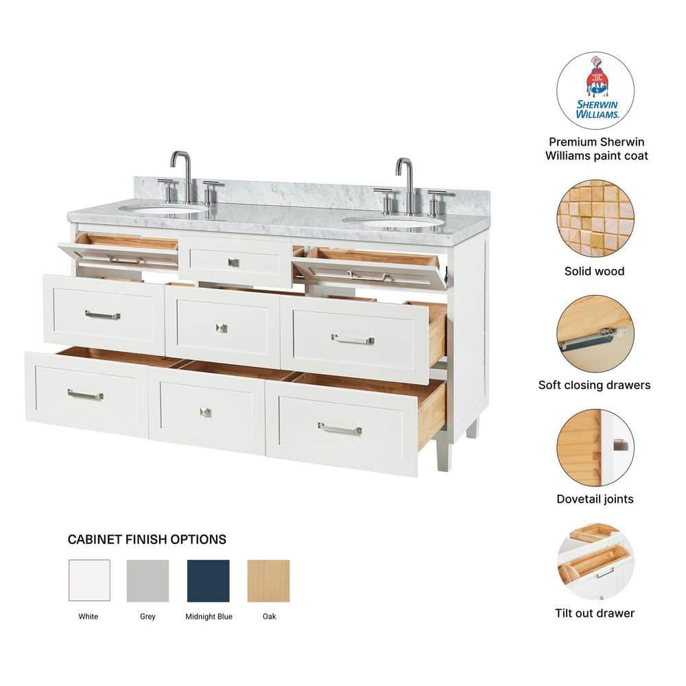 Ariel Monrow 67 Inch Double Oval Sink Bathroom Vanity With Italian Carrara Marble Countertop