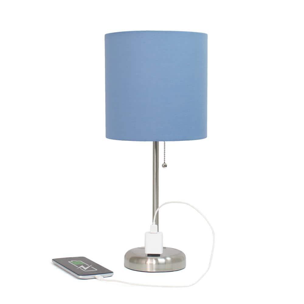 Creekwood Home 19.5" Bedside Power Outlet Base Metal Table Desk Lamp Brushed Steel with Fabric Shade Blue : ETL Listed, No Assembly Required