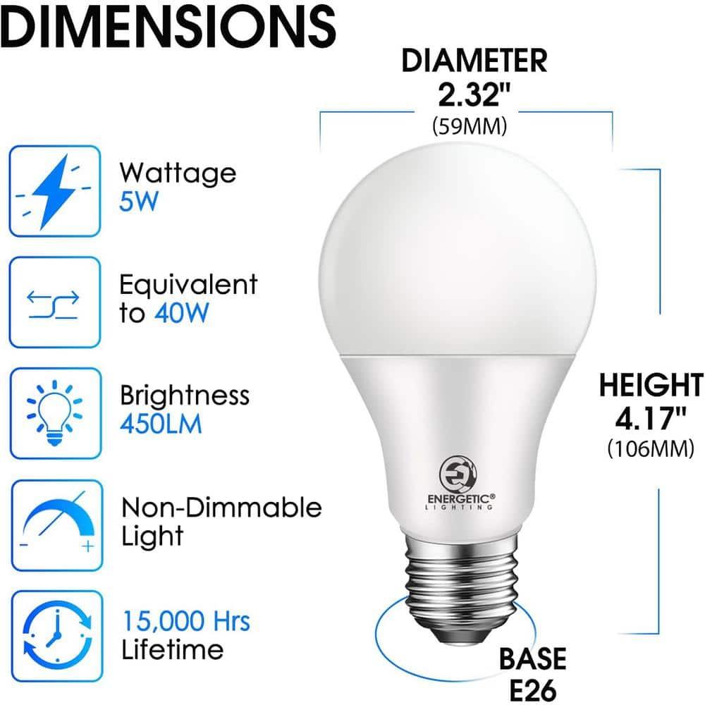 A19 LED Light Bulb,40W Equivalent 5W, Non-Dimmable,450lm,5000K Warm White,E26 Medium Base,UL Listed