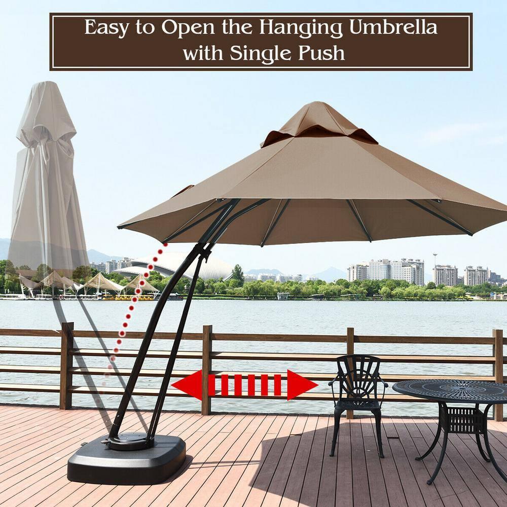 Canddidliike 11 Feet Outdoor Cantilever Hanging Umbrella with Base and Wheels-Tan, Patio Offset Umbrella with Easy Tilt Adjustment, Offset Hanging Umbrella, Sunshade Umbrella Canopy