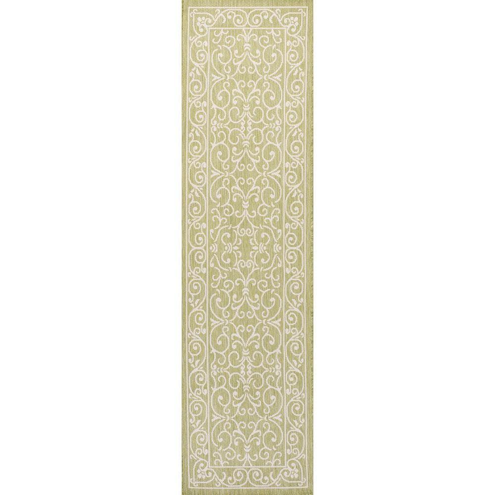 2' x 8' Charleston Vintage Filigree Textured Weave Indoor/Outdoor Runner Rug, Green/Cream - JONATHAN Y