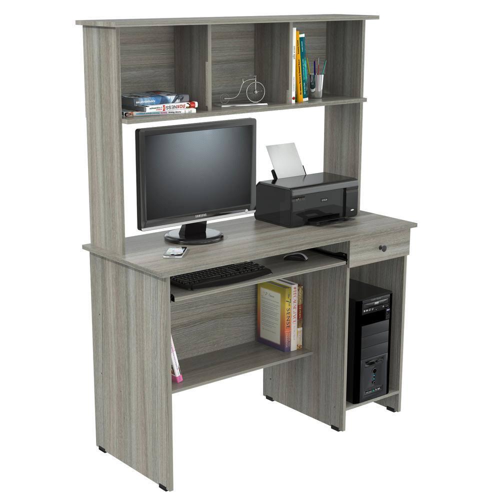 Computer Work Center with Hutch Gray - Inval: Melamine, MDF, Slide-Out Keyboard Tray