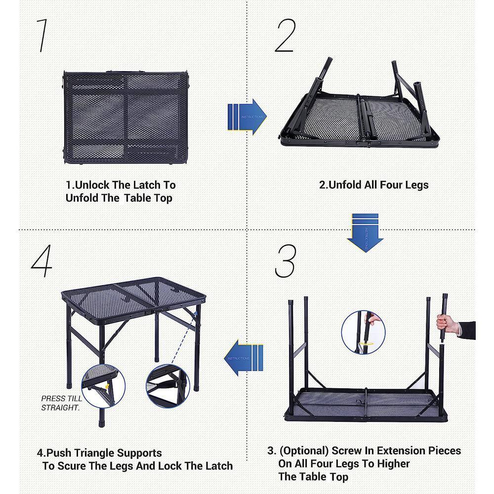 Nice C Table for Grill, Outdoor Table, Camping Table, Outdoor Cooking Table, Picnic Tables, Card Table Adjustable Height, Mesh Bag, Carry Handle (47.3” x 23.7“ x 14.7”/24.2“ Black)