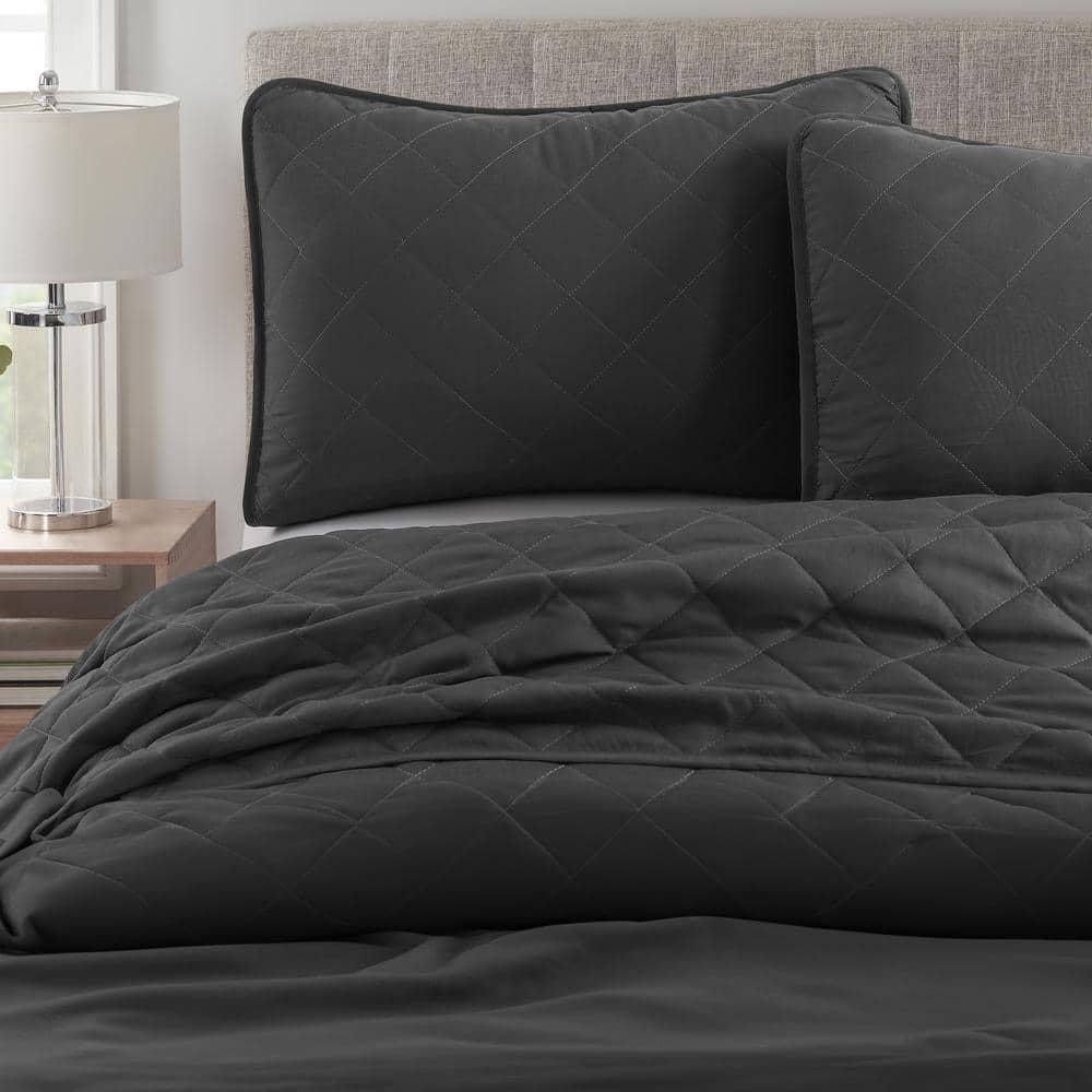 Swift Home | Essential Diamond Stitched 3-Piece Quilt Set Dark Grey Twin/Twin XL