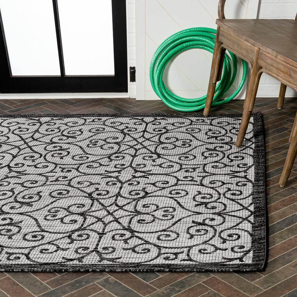 8' x 10' Madrid Vintage Filigree Textured Weave Indoor/Outdoor Area Rug, Light Gray/Black - JONATHAN Y