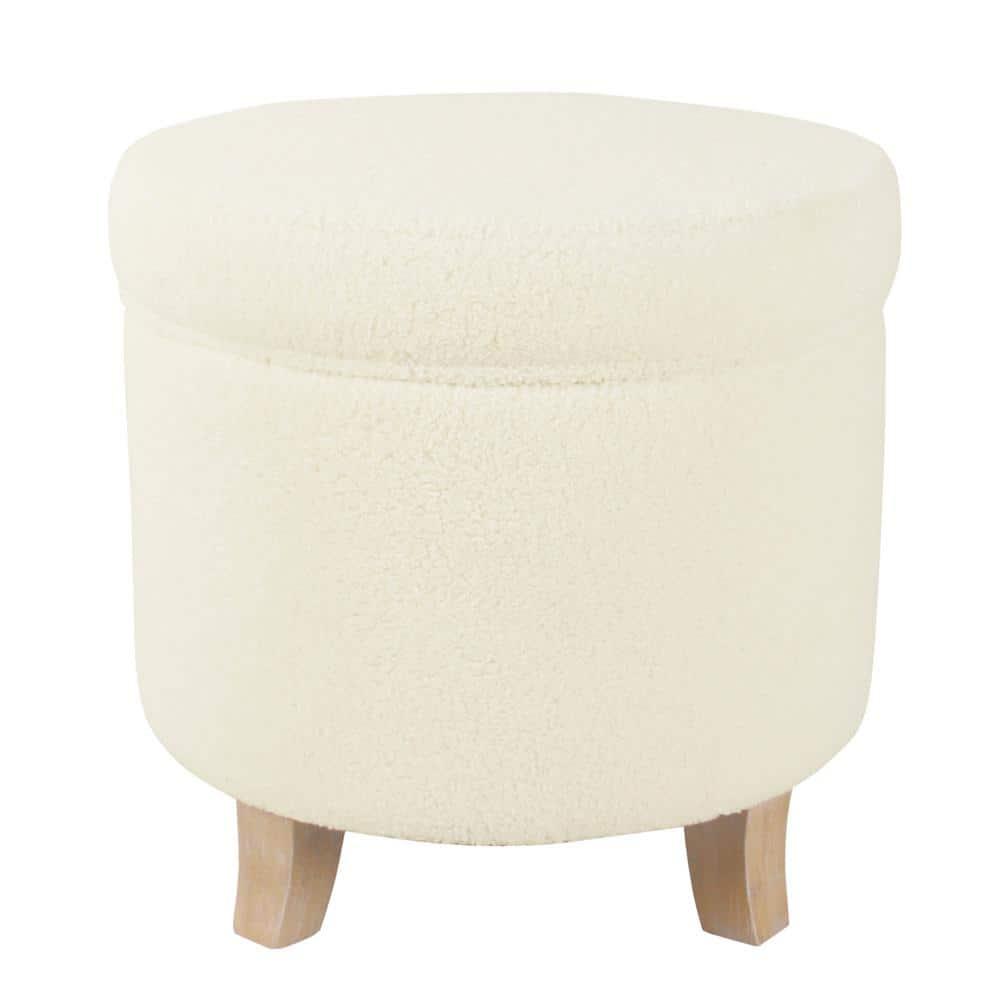 Cole Classics Round Storage Ottoman Flared Wood Leg Faux Sheepskin Cream - HomePop