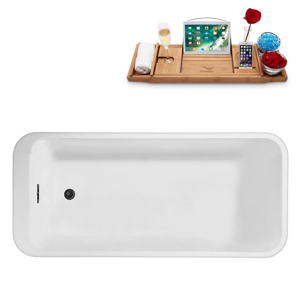63" Streamline Freestanding Soaking Acrylic Bathtub With Drain and Bamboo Tray