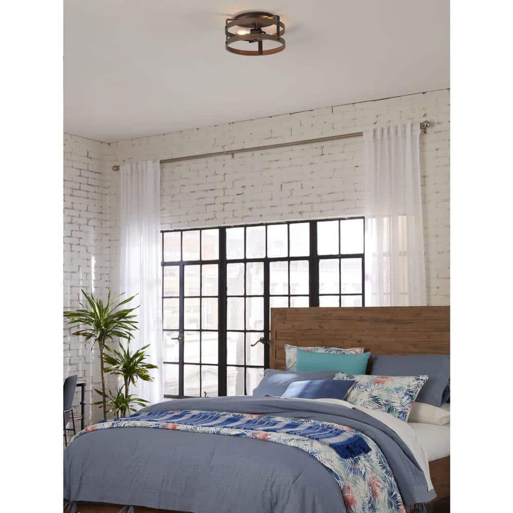 Progress Lighting Gulliver 2-Light Flush Mount Ceiling Light, Graphite, Open-Cage Design, Faux-Wood Finish