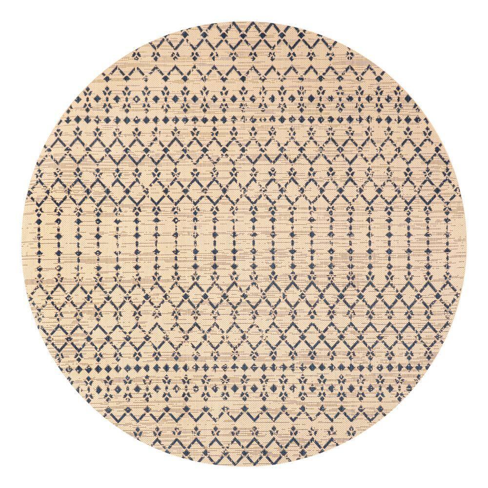 5' Round Ourika Moroccan Geometric Textured Weave Indoor/Outdoor Area Rug, Beige/Navy - JONATHAN Y