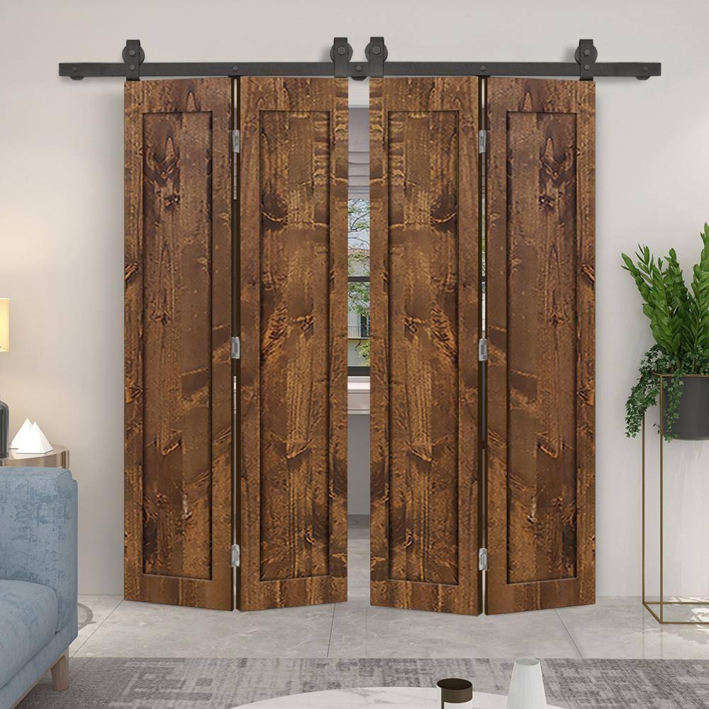 Calhome 1 Panel Shaker Pine Wood Double Bi-Fold Door with Sliding Barn Door Hardware Kit