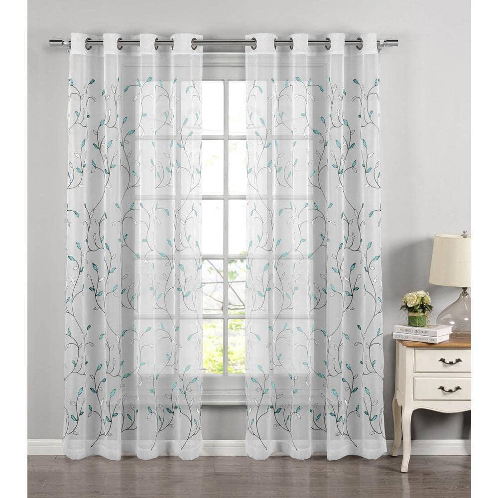 Grommet Curtain Panel, Embroidered Sheer Extra-Wide, Blue 54" x 84"
