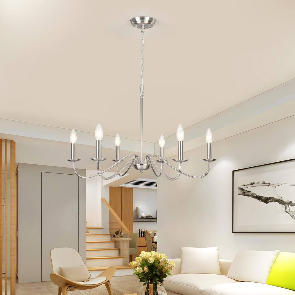 6-Light Farmhouse Chandelier for Dining Room Lighting Fixtures Hanging Brushed Nickel Chandelier for Kitchen Industrial Pendant Candle Lighting or Living Room Entryway Bedroom Foyer