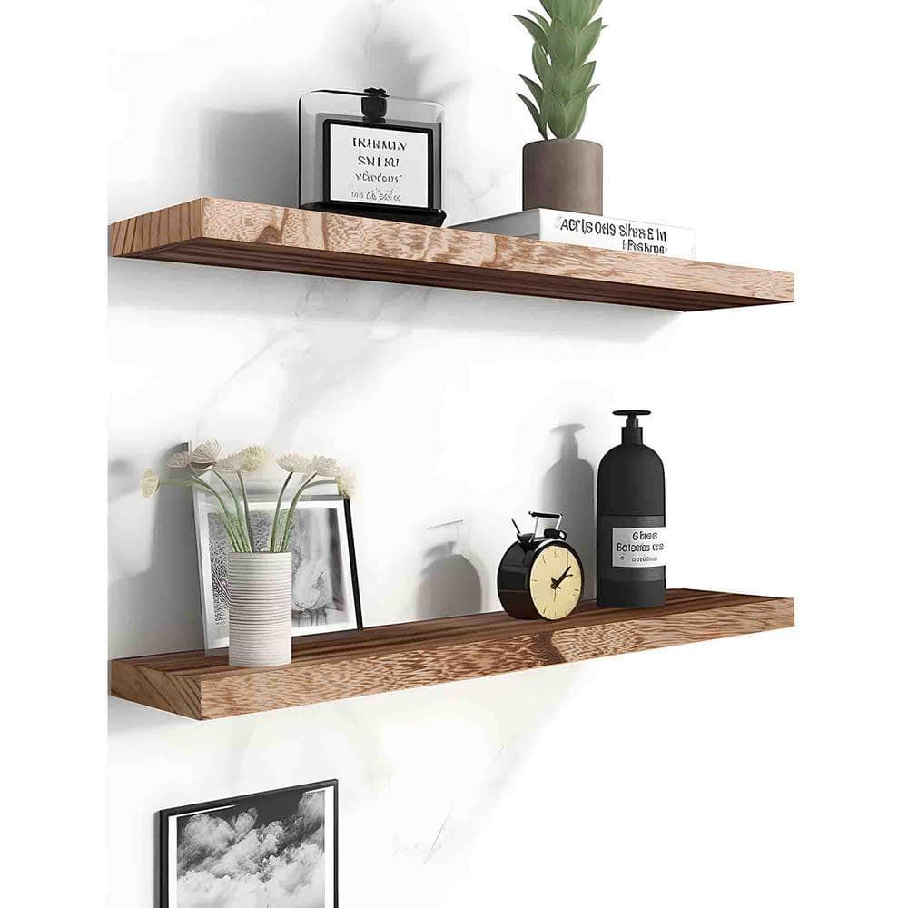 Wood Floating Shelves for Wall Decor, Rustic Wall Shelves for Bedroom Bathroom Kitchen Living Room, Set of 4 Light Walnut 24 Inch