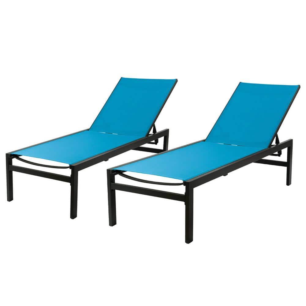 Modern Full Flat Aluminum Patio Reclining Adjustable Chaise Lounge with Blue Sunbathing Textilence, 2-Pack