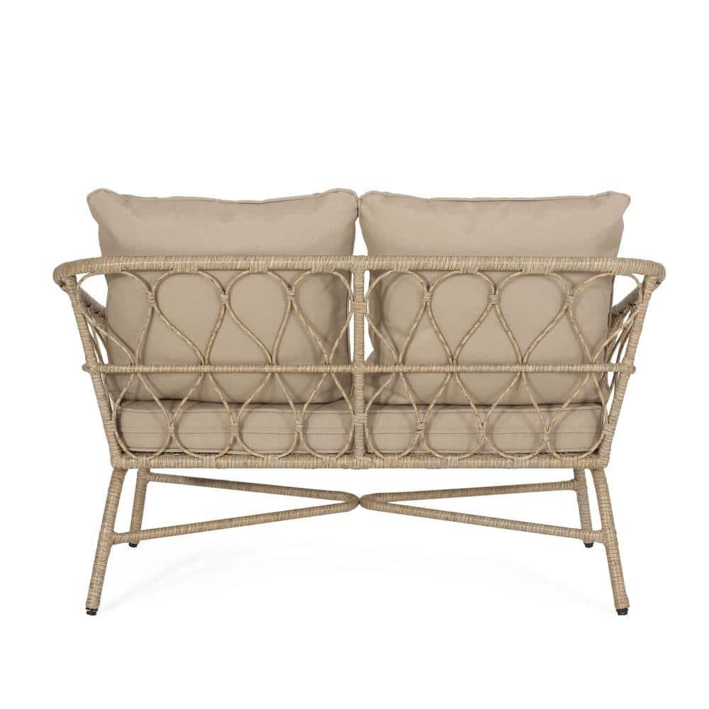 Montserrat Wicker Outdoor Loveseat with Cushions, Light Brown and Beige