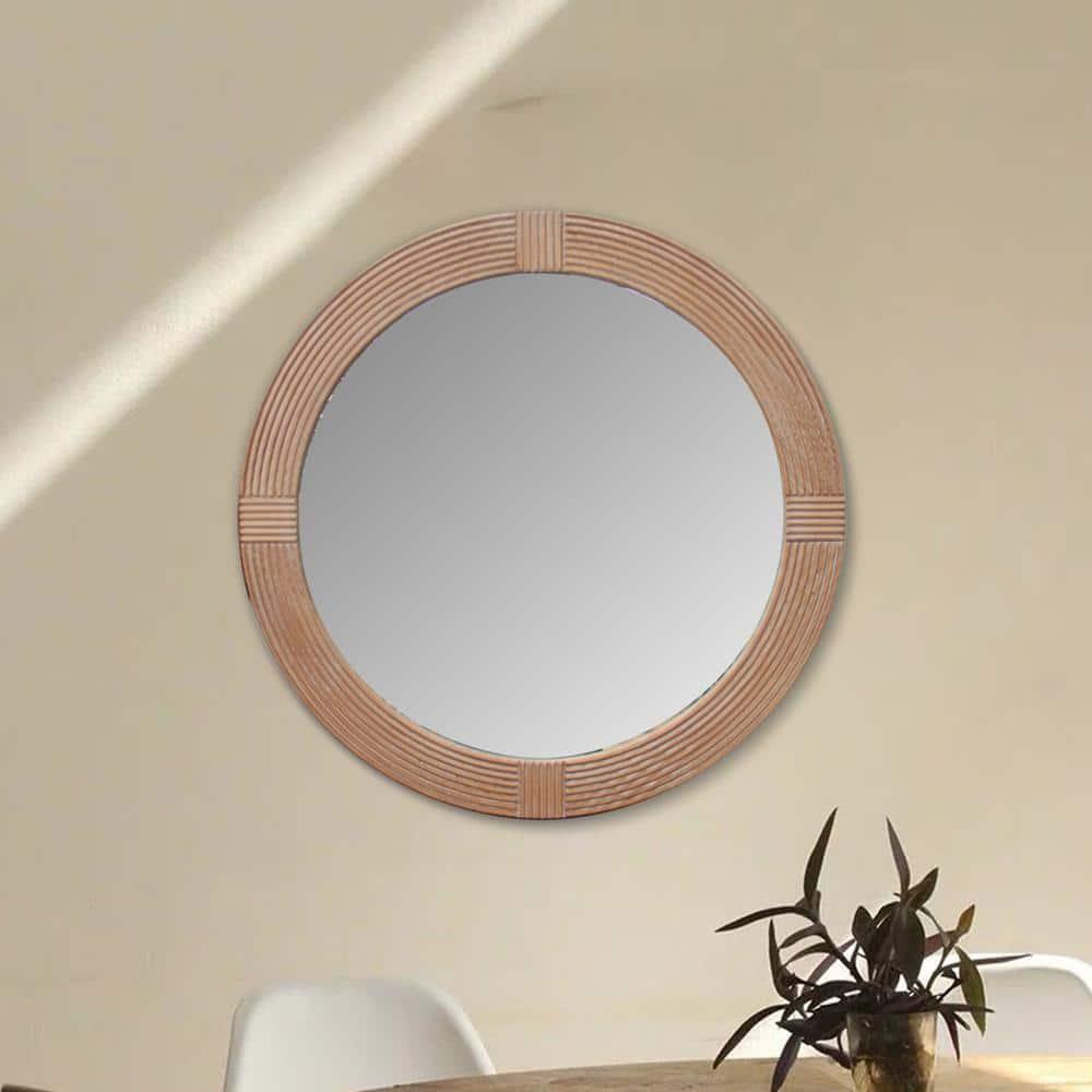 Parisloft 31.5 Inch Round Natural Wood Decorative Wall Mirror, Farmhosue Rustic Wall Mirror