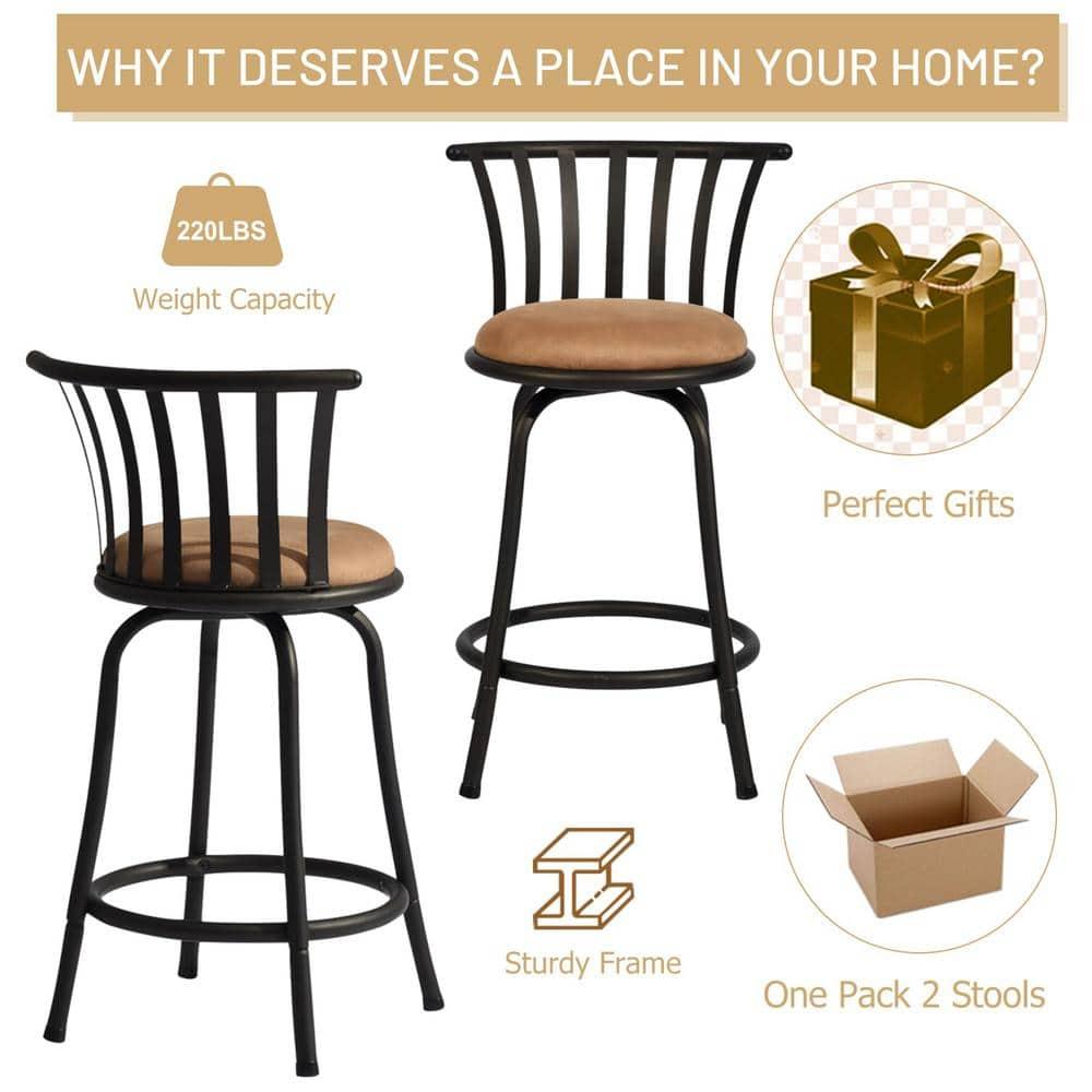 FurnitureR Brown Velvet 24'' Counter Stool Swivel High Back Barstools(Set of 2)