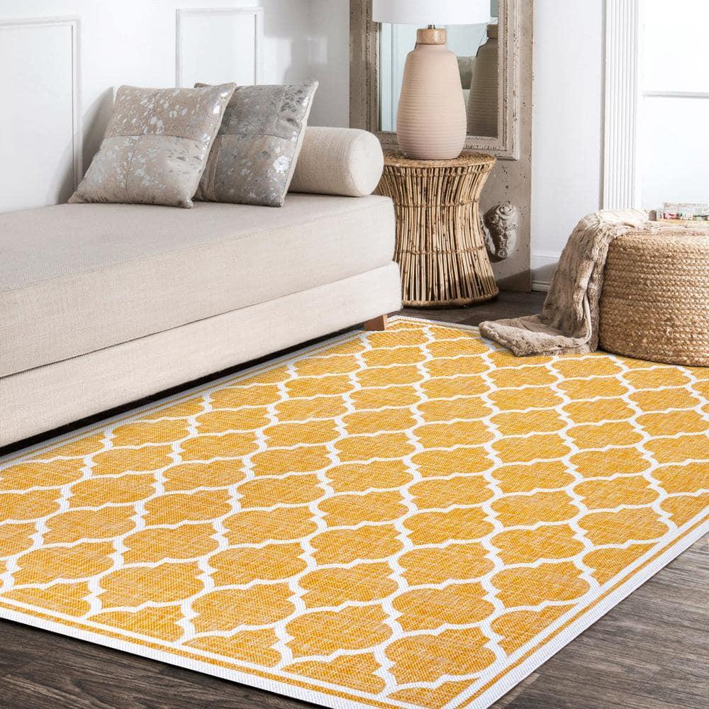 9' x 12' Trebol Moroccan Trellis Textured Weave Indoor/Outdoor Area Rug, Yellow/Cream - JONATHAN Y
