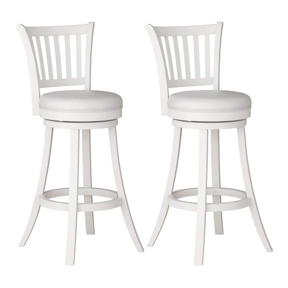 CorLiving Winston White Swivel Bar Stools Set of 2 with Faux Leather Seat and Vertical Slatted High Back- Bar Height Bar Stools with Back - Wood Barstools for Kitchen Island, or Bar Surfaces