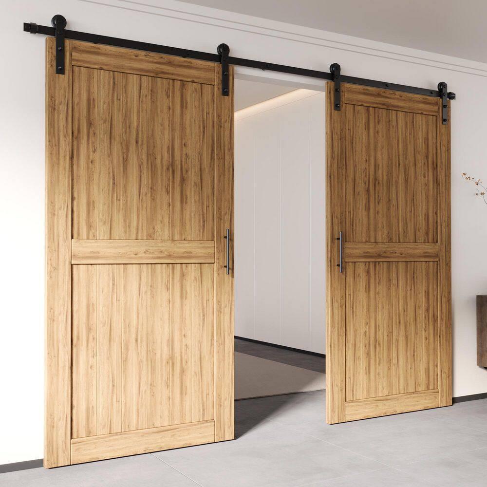 Homacer Black Rustic Sliding Barn Door Hardware Kit, for Two/Double Doors, 4ft Long Flat Track, Straight Design Roller, Heavy Duty, for Interior & Exterior Use