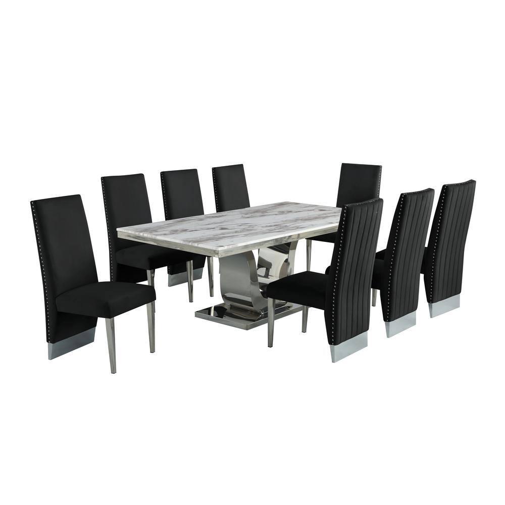 Silver Stainless Steel 9 Piece Dining Set with Marble Table and Black Chairs