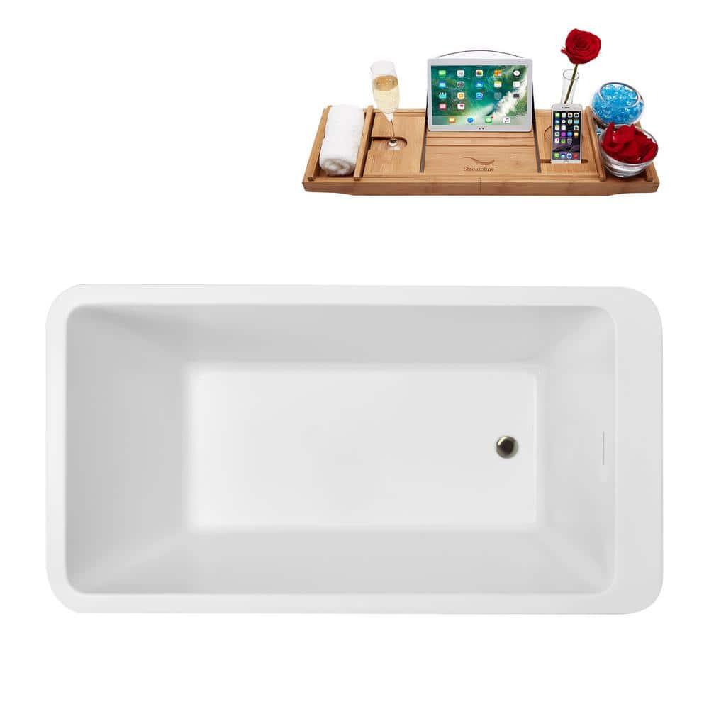 60'' Streamline Freestanding Soaking Acrylic Bathtub With Drain and Bamboo Tray