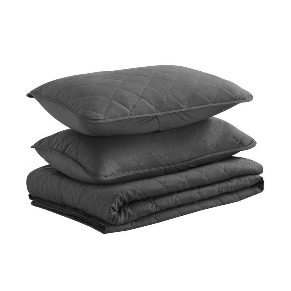 Swift Home | Essential Diamond Stitched 3-Piece Quilt Set Dark Grey Twin/Twin XL