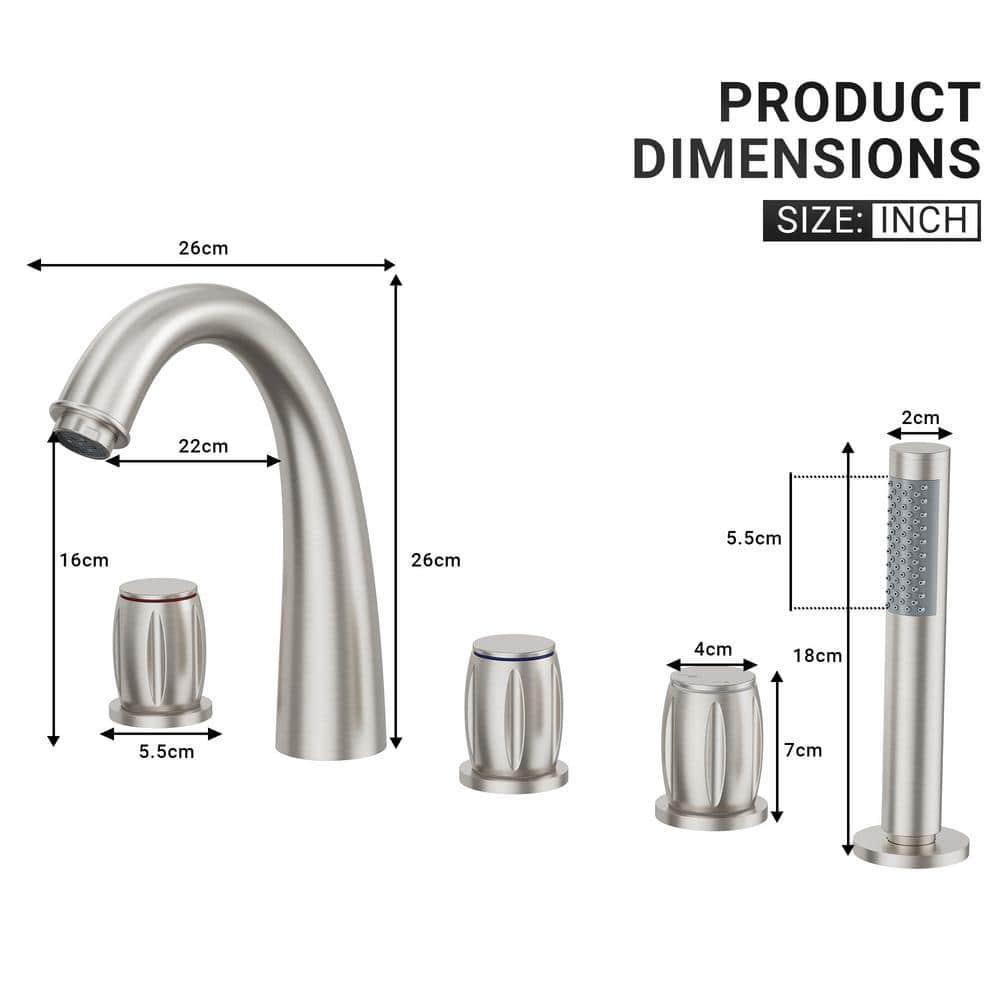 Brushed Nickel 3-Handle Deck Mount Roman Tub Faucet with Hand Shower